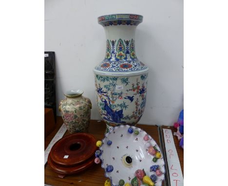 A LARGE ORIENTAL VASE WITH A HARDWOOD STAND, A POTTERY LIGHT FITTING, AND ANOTHER VASE. 