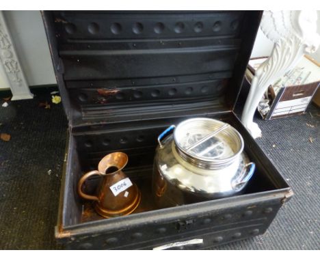A TIN TRUNK TOGETHER WITH A COPPER JUG AND AN OLIVE OIL DISPENSER.