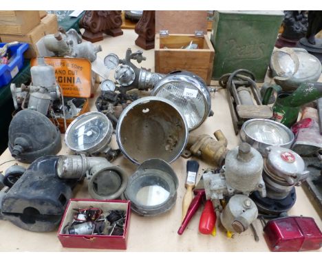 MOTORCYCLE HEADLAMPS, A CARBIDE LAMP, CARBURETORS, DUNLOP FOOT PUMP, VARIOUS AUTOMOBILIA.