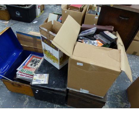 A QUANTITY OF 78RPM RECORDS, TWO DEED BOXES, A TIN TRUNK, TAPES AND CDS, PRIVATE EYE MAGAZINES, ETC. 
