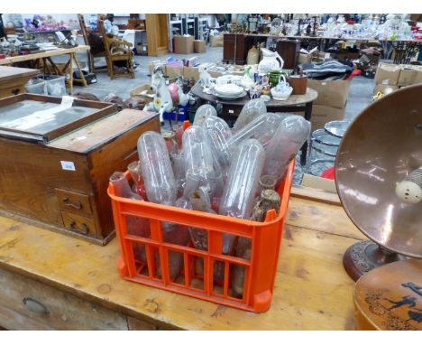 AN ELM HIBACHI, A VINTAGE RADIANT HEATER AND A QUANTITY OF GLASS VESSELS