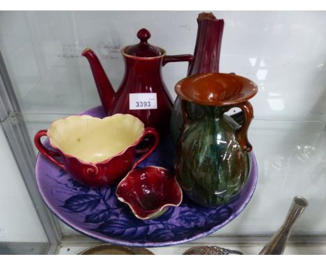 A COLLECTION OF SIX LINTHORPE POTTERY WARES, THE COFFEE POT, A TWO HANDLED BOWL AND SPICE BOWL GLAZED RED, A TWO HANDLED VASE