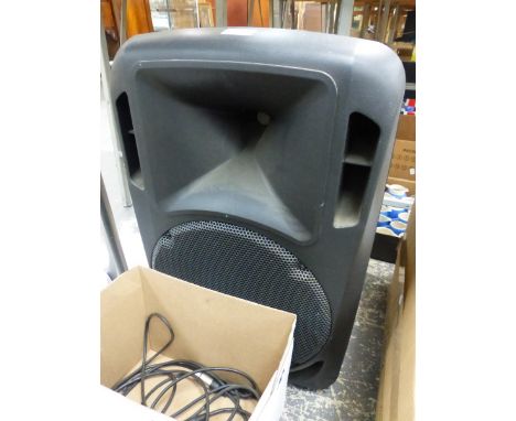 A STUDIO MASTER DRIVE 12A AMPLIFIER SPEAKER AND A STAGG DYNAMIC MICROPHONE WITH STAND. 