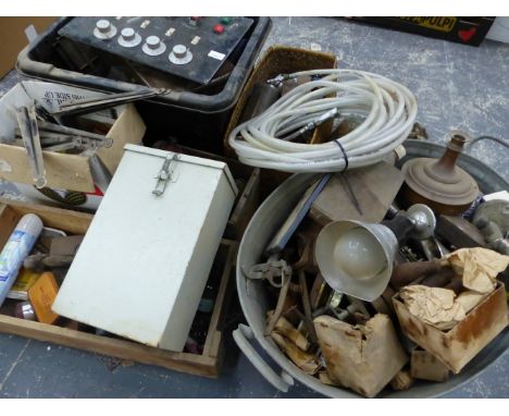A VINTAGE MOWER ENGINE, VARIOUS SCREWS, NAILS AND FIXINGS, TOOLS ETC. 