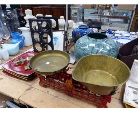 CAST IRON AND BRASS KITCHEN SCALES, MAGAZINE STORAGE BAG, A STANDARD LAMP, LACQUERED PLATES, WINE RACK ETC. 