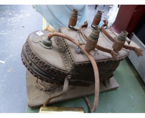 A SET OF VINTAGE FOOT BELLOWS, AND A PAIR OF WROUGHT IRON ARTS AND CRAFTS WALL LIGHTS. 