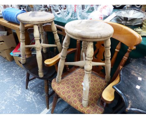 A PAIR OF VINTAGE ELM TOP STOOLS, TWO CHAIRS AND AN OCCASIONAL TABLE. 