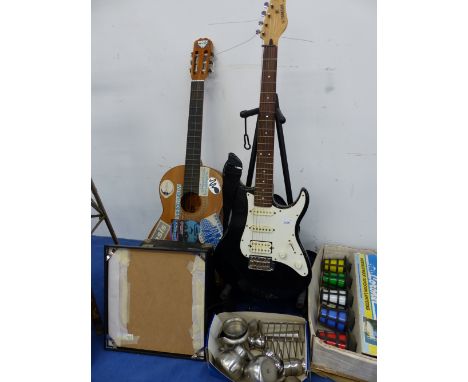 A YAMAHA ELECTRIC GUITAR AND AMP TOGETHER WITH AN ACOUSTIC GUITAR AND A SET OF VINTAGE OUTSIDE LIGHTS. 