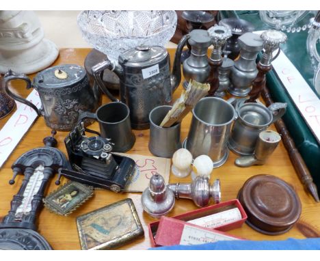 A SMALL WALL BAROMETER, VARIOUS PEWTER AND PLATED WARES, CUT GLASS BOWL, ETC. 