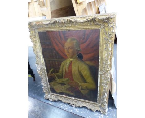 OLD MASTER SCHOOL.  A FRENCH GENTLEMAN WRITING LETTERS IN HIS LIBRARY, OIL ON CANVAS, CARVED GILTWOOD FRAME.  93 x 72cms.