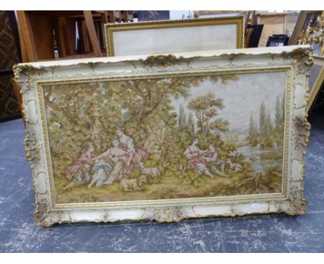 A TAPESTRY PANEL OF 18th.C. STYLE FIGURES MOUNTED IN A SWEPT FRAME.  OVERALL 92 x 152cms. 