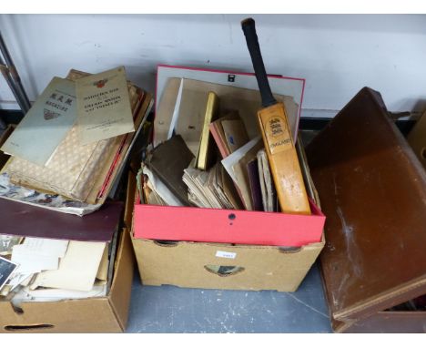 A LARGE COLLECTION OF VINTAGE EPHEMERA, TO INC. POSTCARDS, PHOTOGRAPHS, LETTERS, AUTOGRAPH BOOK, A SIGNED MINIATURE CRICKET B