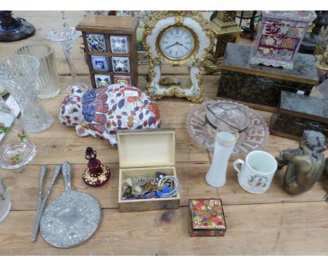 VARIOUS ORNAMENTAL BOXES, A MANTLE CLOCK, IMARI STYLE CAT, GLASS WARES ETC. 