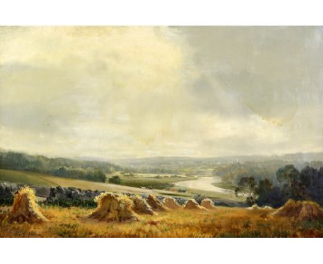§ George Melvin Rennie (Scottish, 1874-1953) hay stacks with river landscape beyond, oil on canvas, signed lower left, 40cm x
