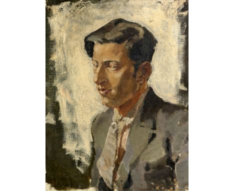 Half-length portrait of a young man wearing a suit and looking left, oil on canvas, signed verso ‘LISTER’, stretcher inscribe