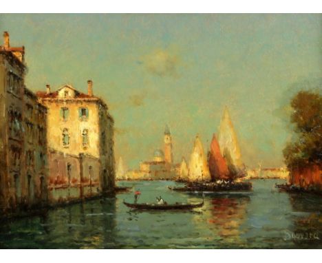 § Antoine Bouvard (French, 1870-1957), Venice, distant views, with gondolas, towards St. Marks Tower, pair of oils on canvase