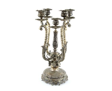 Continental silver five light candelabrum with scroll arms, on round base embossed with shell and scroll decoration, 900 stan