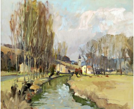 § Georges Charles Robin (French, 1903-2003) La Mauldre, oil on board, unsigned, Omell Galleries label verso, 39cm x 46cms. Pl