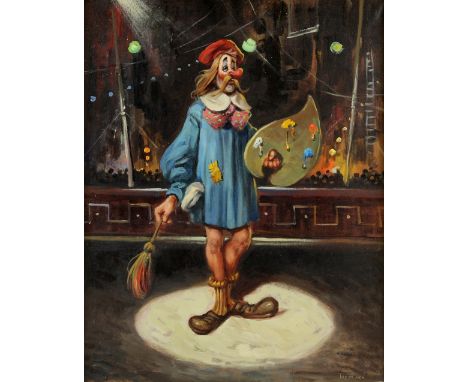 Treblaen, portrait of a clown with an artist's palette, signed, oil on canvas, 49cm x 39cm,.    