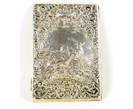 Edward VII silver aide-memoire, by Henry Clifford Davis, Birmingham 1908, the cover decorated with a stag hunting scene, 10 c