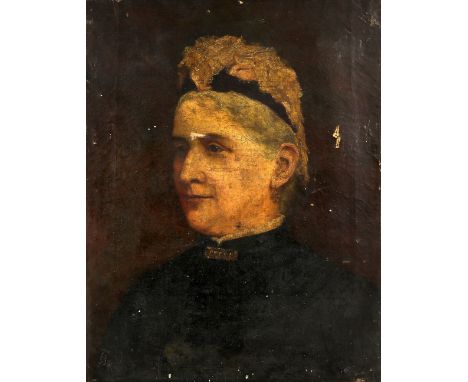 19th century portrait of a young lady, oil on canvas, 92cm x 76cm, together with a 19th century portrait of a woman, monogram