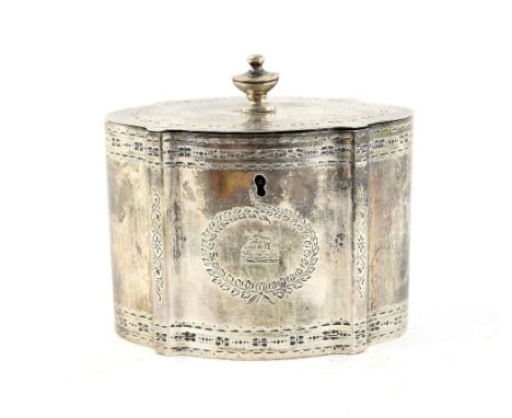 Victorian silver tea caddy, the shaped oval form decorated with repeating floral swags and two engraved cartouches, by Willia
