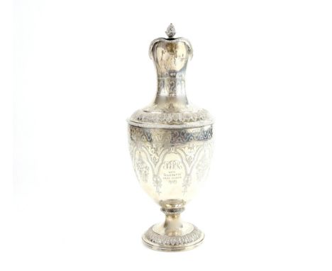 Victorian silver claret jug and cover with beaded and engraved decoration, on round foot, by Martin, Hall &amp; Co., London, 