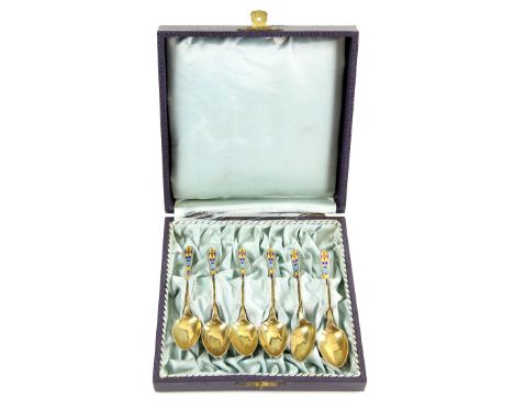 George VI set of six silver-gilt and enamel teaspoons, by Baker Brothers Silver Ltd., Birmingham 1936, in fitted case.    
