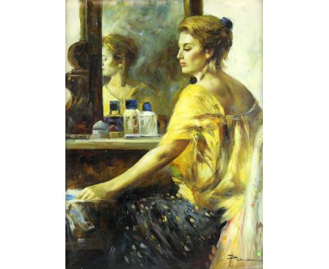 Pina, portrait of a lady by a mirror, signed, oil on board, 60cm x 44cm,.    