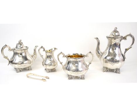 Victorian silver four piece tea service, comprising teapot, hot water jug, cream jug and sugar bowl, of lobed form with engra