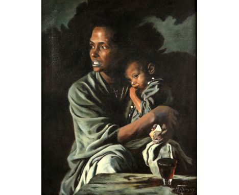M. Ramsay (20th Century), half-length portrait of an African woman seated with her young child, oil on canvas, signed to lowe