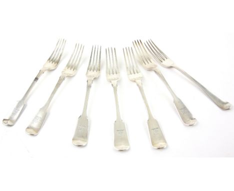 Set of six William IV silver fiddle pattern dinner forks, by John James Whiting, London, 1833 and an Old English pattern fork