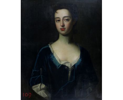 Late 18th/early 19th century portrait of a young women in a blue dress with pearl clasp originally framed as an oval numbered