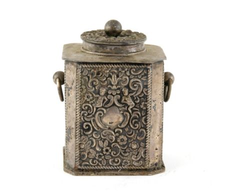 Victorian silver tea caddy and cover embossed with cherubs, flowers and scroll work, two ring handles, maker's mark 'WJ', Bir