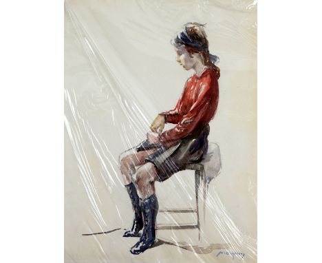 William Lee-Hankey RWS RI ROI (British, 1869-1952), full-length portrait of a girl in a red top seated on a stool, watercolou