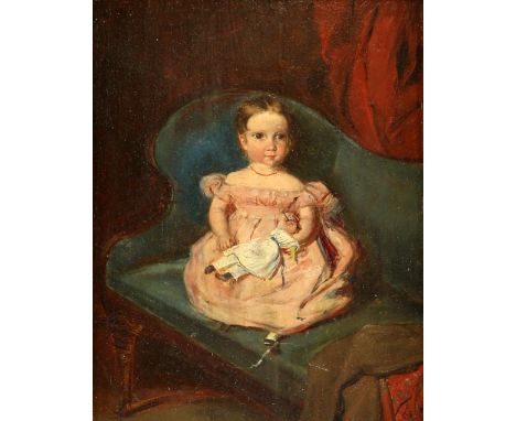 19th century portrait of a young girl with a doll, unsigned oil on board, 18 x 15cm.    