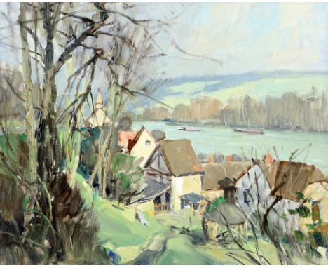 § Georges Charles Robin (1903-2003), Port Villez - Near Bonnieres, oil on board, unsigned, titled and dated 1957 and with Ome