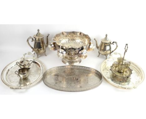 Silver plated items, punch bowl embossed with floral swags and with lion mask handles, ladle and cups, 4 piece tea service an