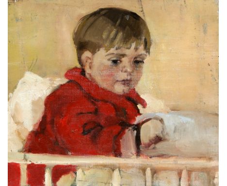Attributed Edith Mary Lister (1859-1950) Portrait of a Little Boy in a Red Coat seated in a cot. Oil on canvas backstamped Pe
