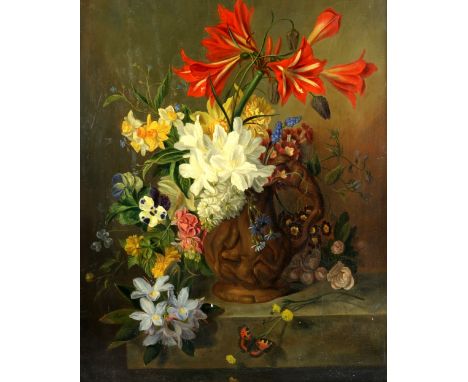 Willem I Hekking (Dutch, 1796-1862), still-life of mixed Spring flowers with a butterfly, signed, oil on panel, 52cm x 42cm,.