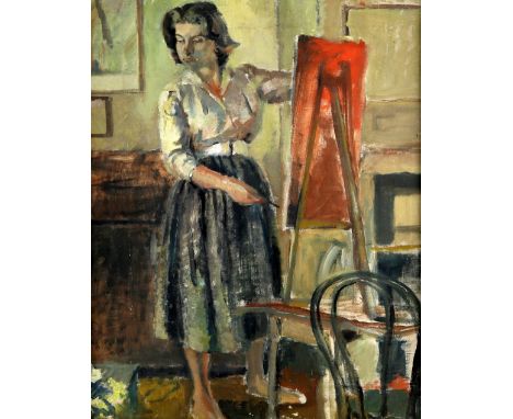 Portrait of a Female Artist at her Easel. Oil on canvas backstamped Percy Young, Gower Street London WC.  NB Percy Young supp