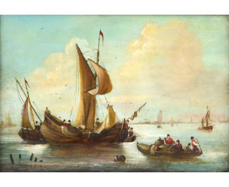 Continental oil on canvas, seascape with fishing vessels and figures close to the shore, unsigned, 17cm x 24.5cm.25 x 18cm.  