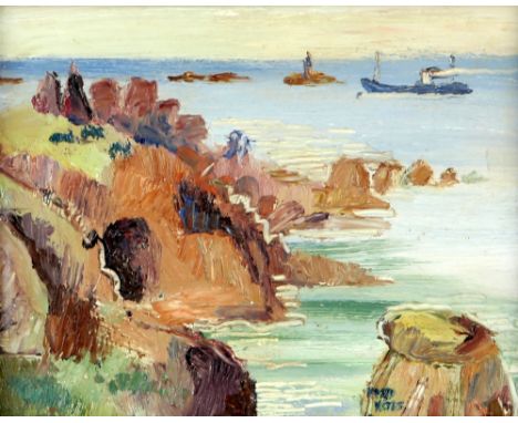 § Fred Yates, British 1922-2008, coastal scene with a ship in the distance, signed, oil on board 18cm x 22.5cm,Please note th