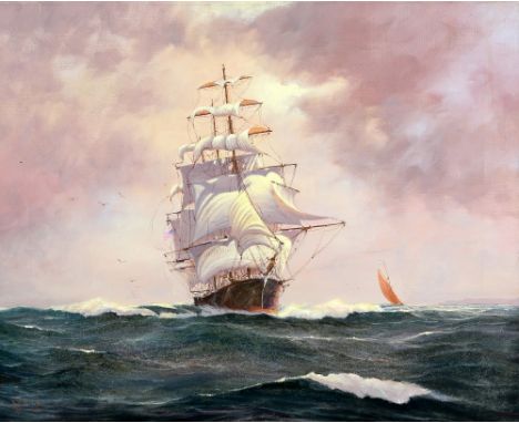 § Brian J Jones, British b.1945, American sailing ship at sea with a yacht in the distance, signed, oil on canvas, 40cm x 50c