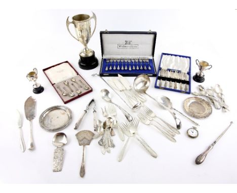 Set of twelve Dutch silver teaspoons with beaded handles, by Van Kempen &amp; Zoon, two ladles, two dishes, a small selection