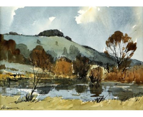 § Edward Wesson RI RBA RSMA (British, 1910-1983), Chanctonbury Ring from Wiston Pond, watercolour, signed to lower left, gall