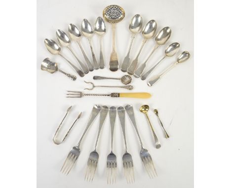 Five Victorian silver Old English pattern dessert forks, by Chawner &amp; Co., London, 1861, sifter spoon, and other small it