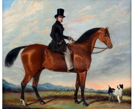In the manner of J R Hobart, horse and rider with terrier in a landscape, unsigned, oil on canvas, 38cm x 44.5cm,.    Has bee