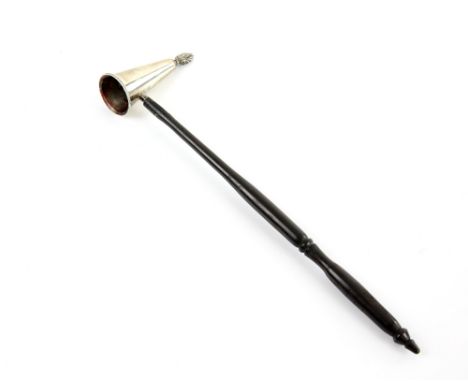 Elizabeth II silver candle-snuffer, with flame finial and turned wooden handle, by A J Poole, Birmingham 1996, 27 cm long.   