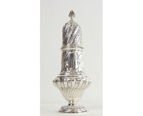 Victorian silver sugar caster, the spiral fluted body with vacant cartouche, the cover with flame finial, by Thomas Bradbury 